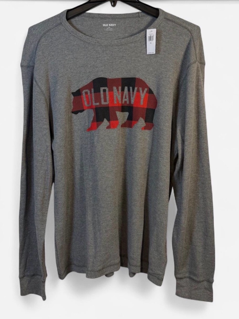 NWT- Old Navy Gray Long-Sleeve Shirt with Red & Black Plaid Bear Graphic XXL